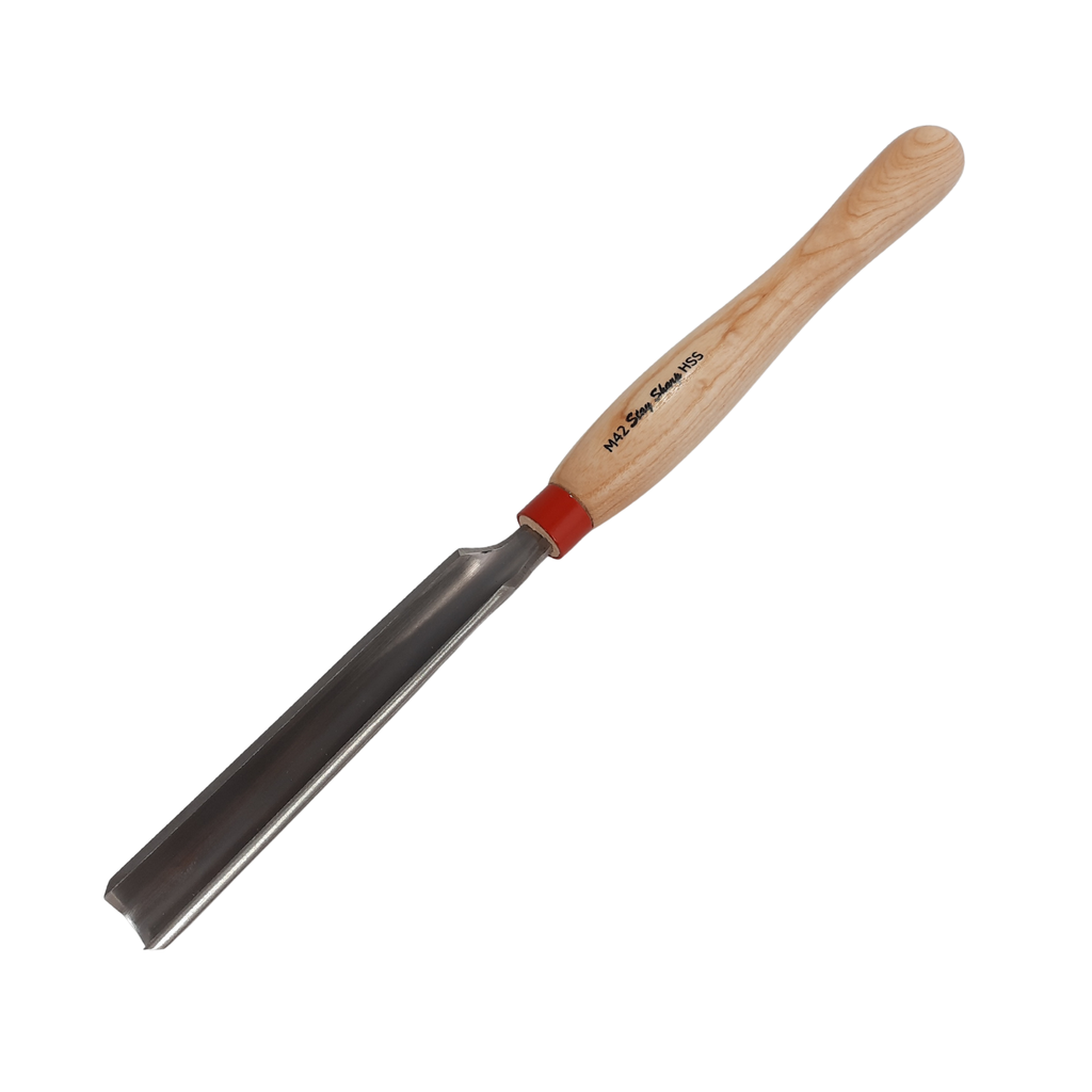 high speed steel woodturning  roughing gouge with light wooden handle on a white background