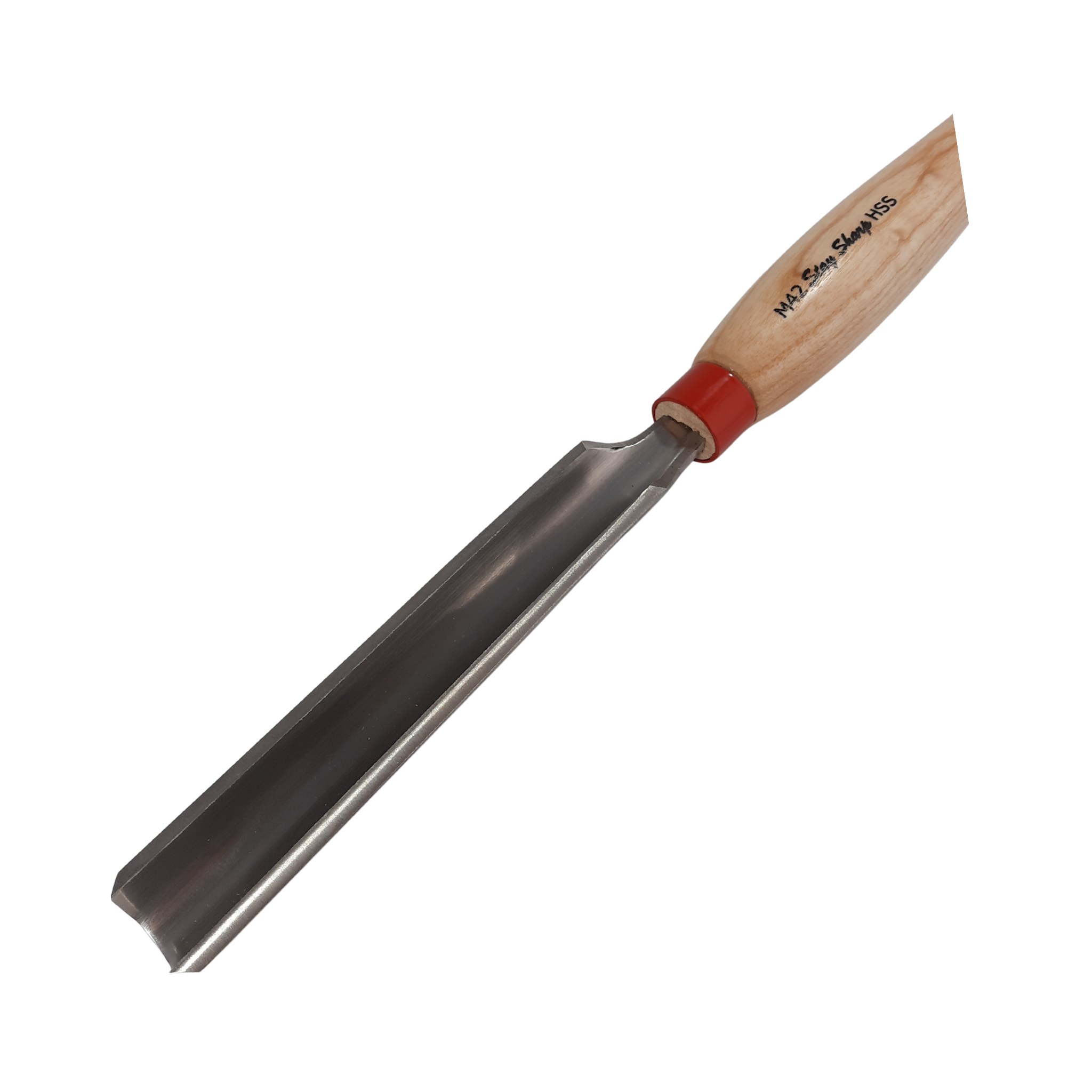 close up of high speed steel woodturning  roughing gouge with light wooden handle on a white background