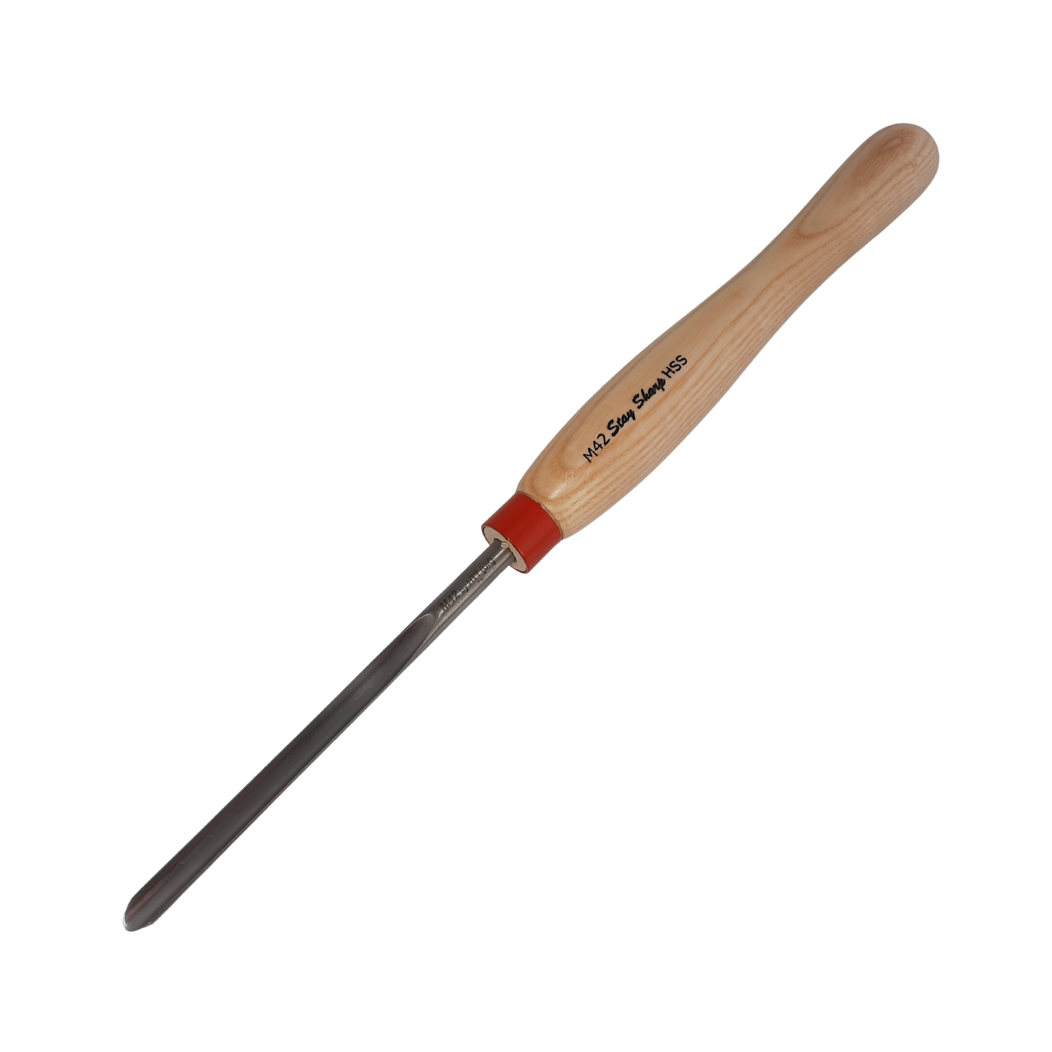 high speed steel woodturning spindle gouge with light wooden handle on a white background
