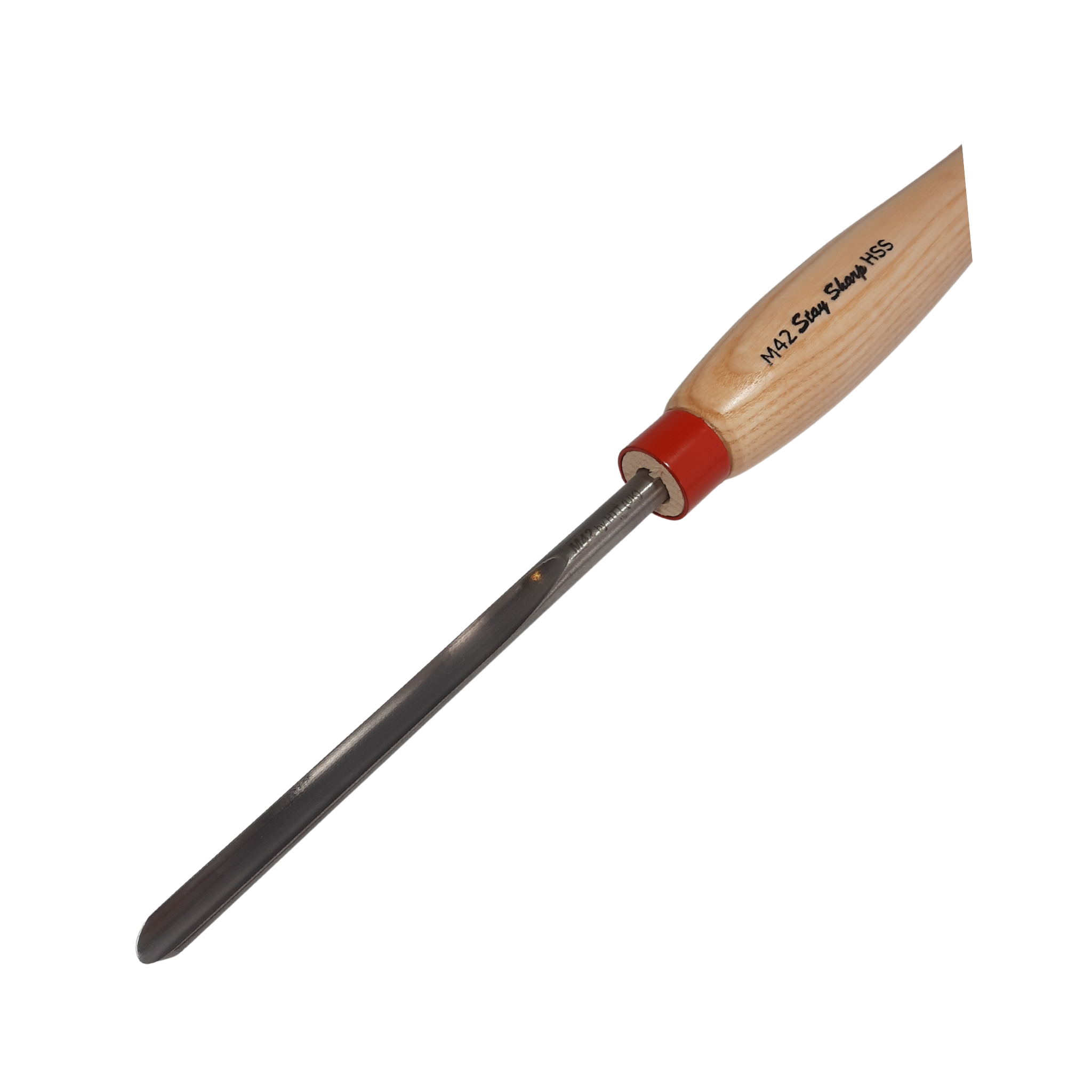 close up of high speed steel woodturning spindle gouge with light wooden handle on a white background