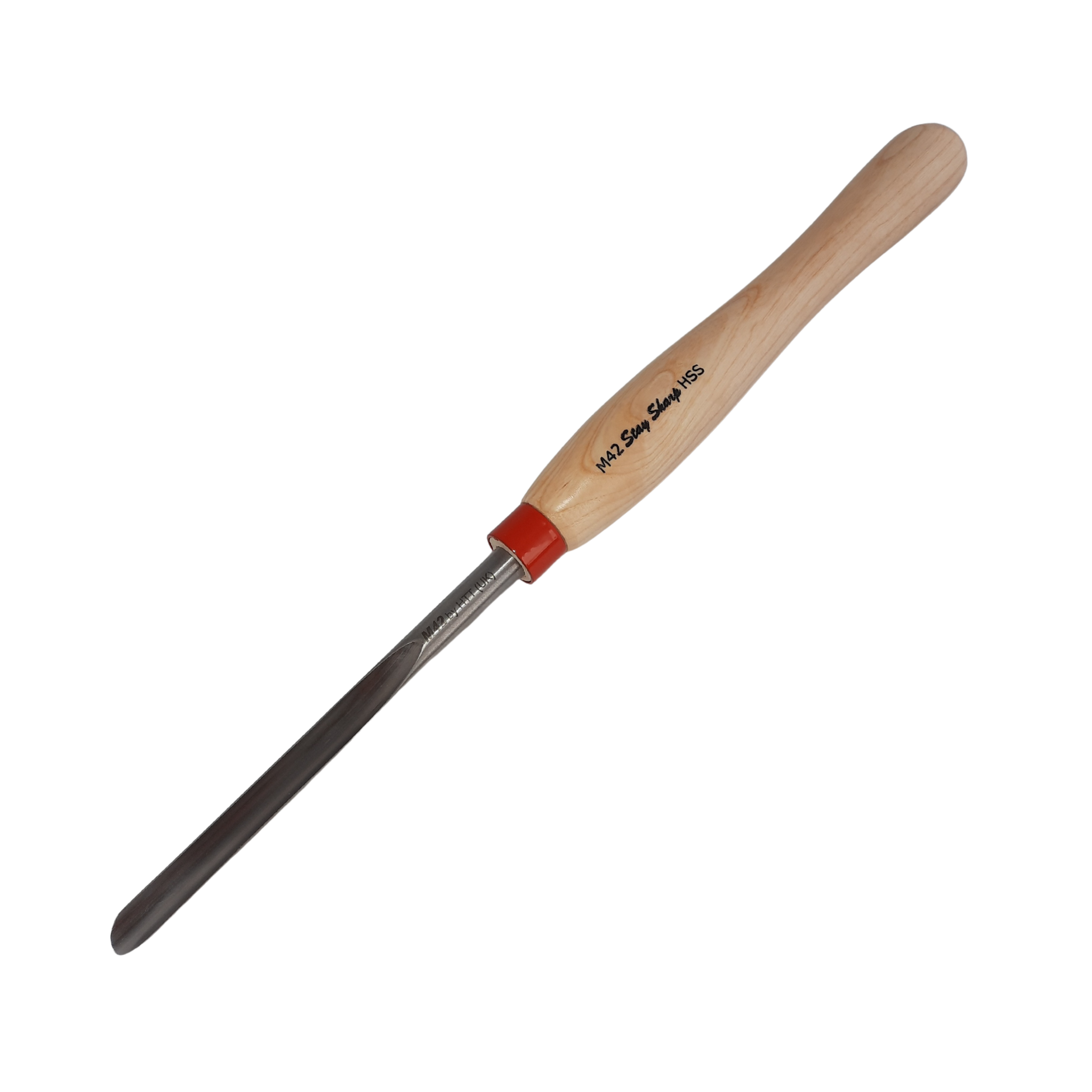 high speed steel woodturning spindle gouge with light wooden handle on a white background