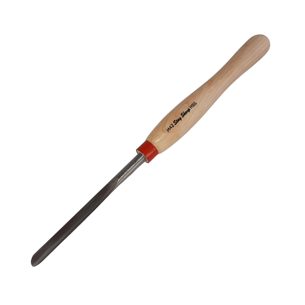 high speed steel woodturning spindle gouge with light wooden handle on a white background
