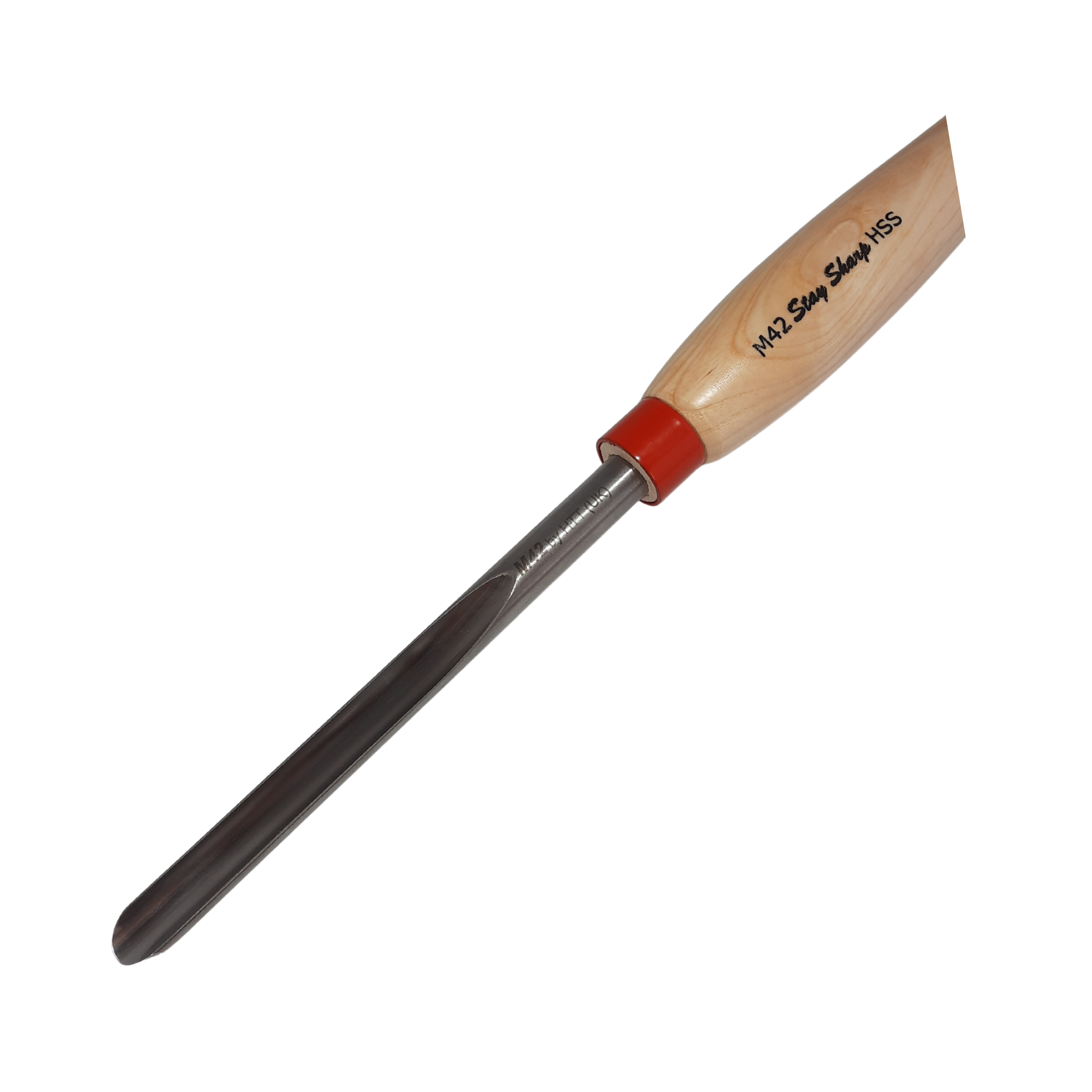close up of high speed steel woodturning spindle gouge with light wooden handle on a white background