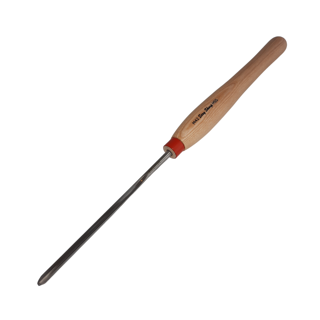 high speed steel woodturning masterflute gouge with light wooden handle on a white background