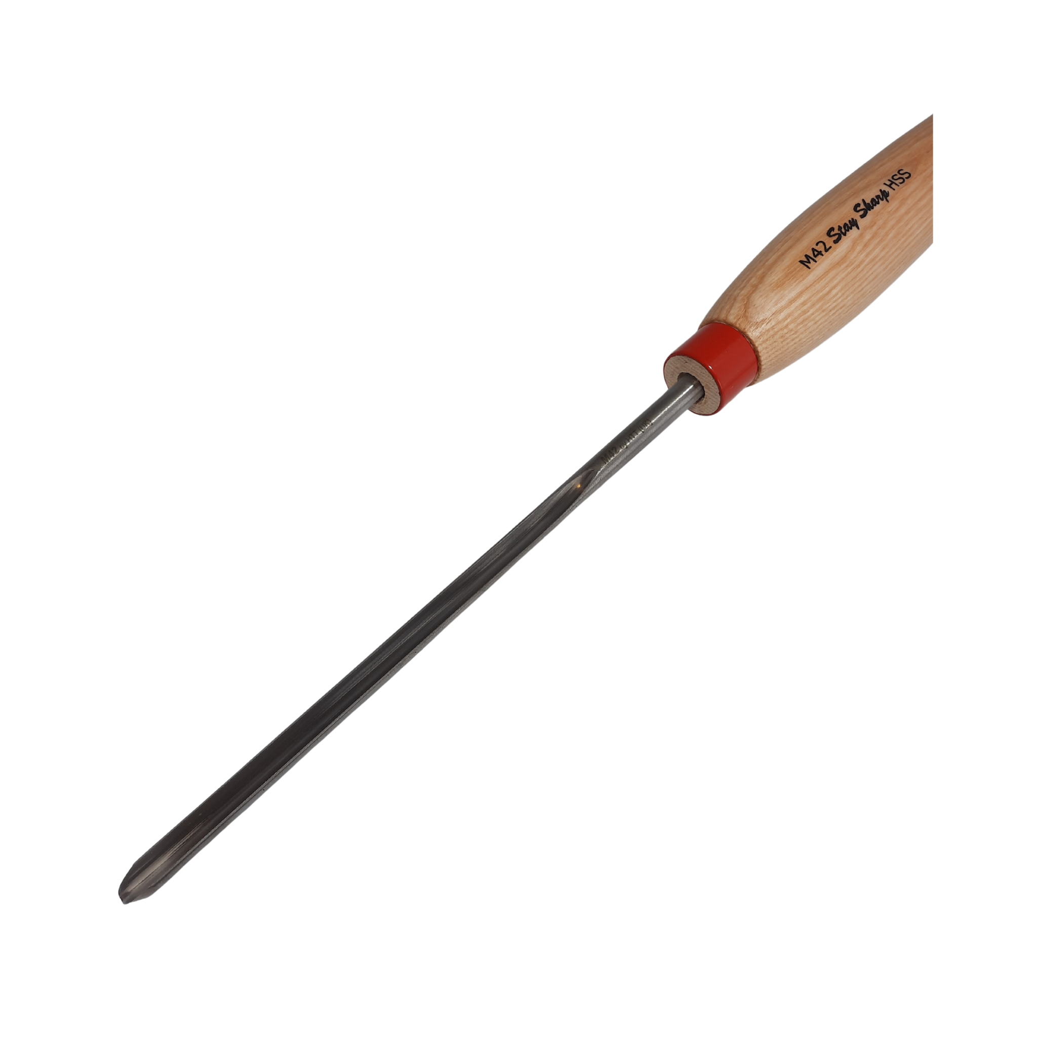 close up of high speed steel woodturning masterflute gouge with light wooden handle on a white background