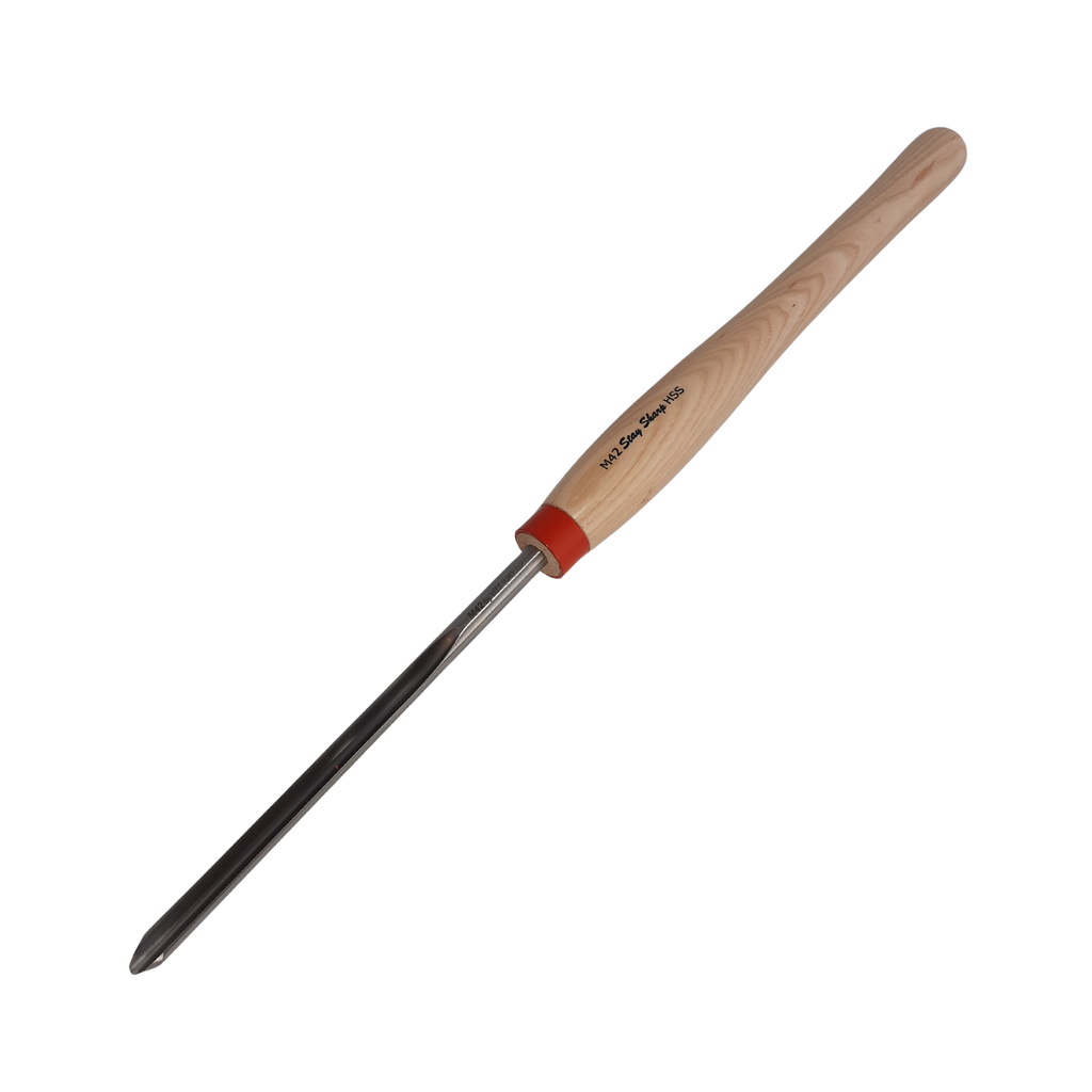 high speed steel woodturning masterflute gouge with light wooden handle on a white background