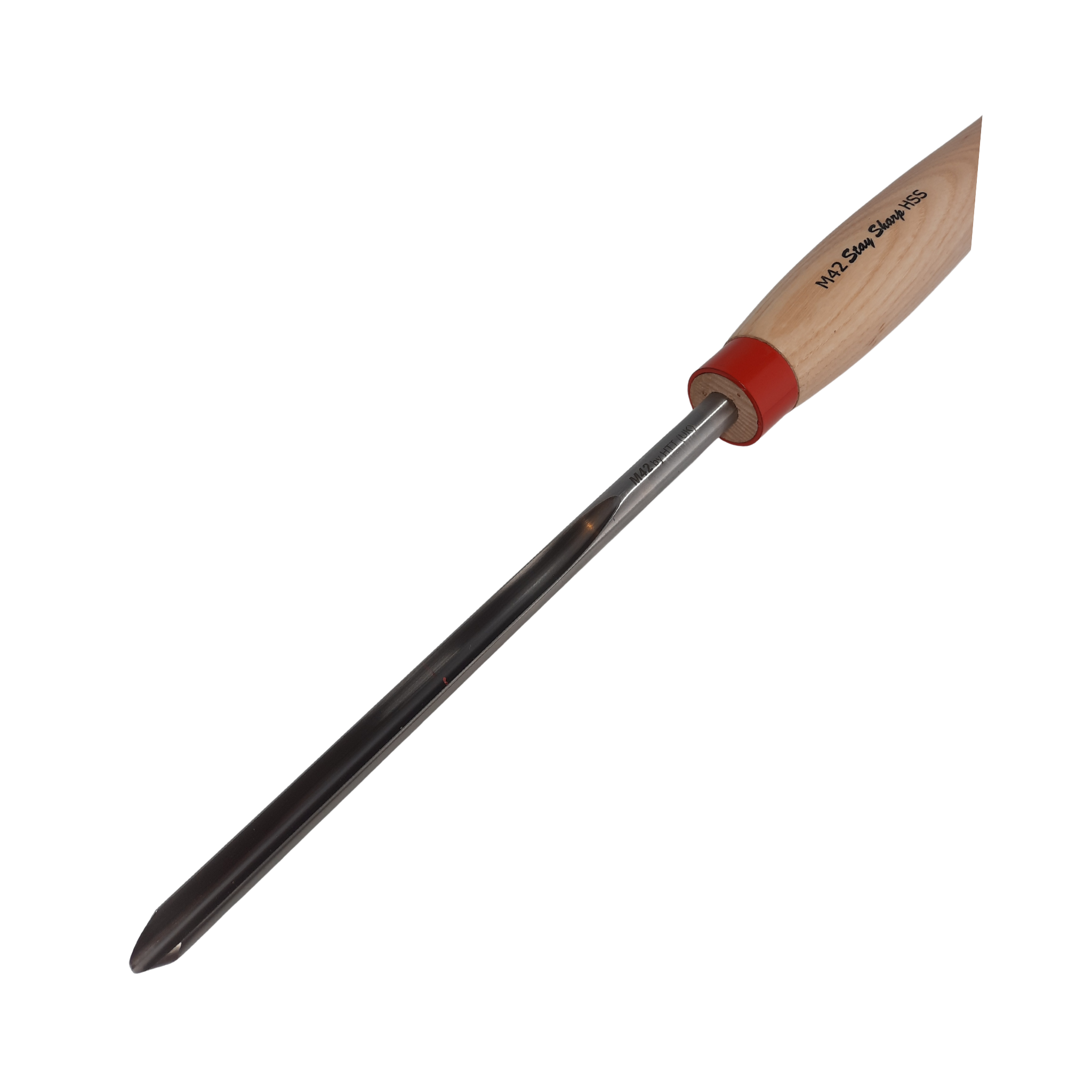 close up of high speed steel woodturning masterflute gouge with light wooden handle on a white background