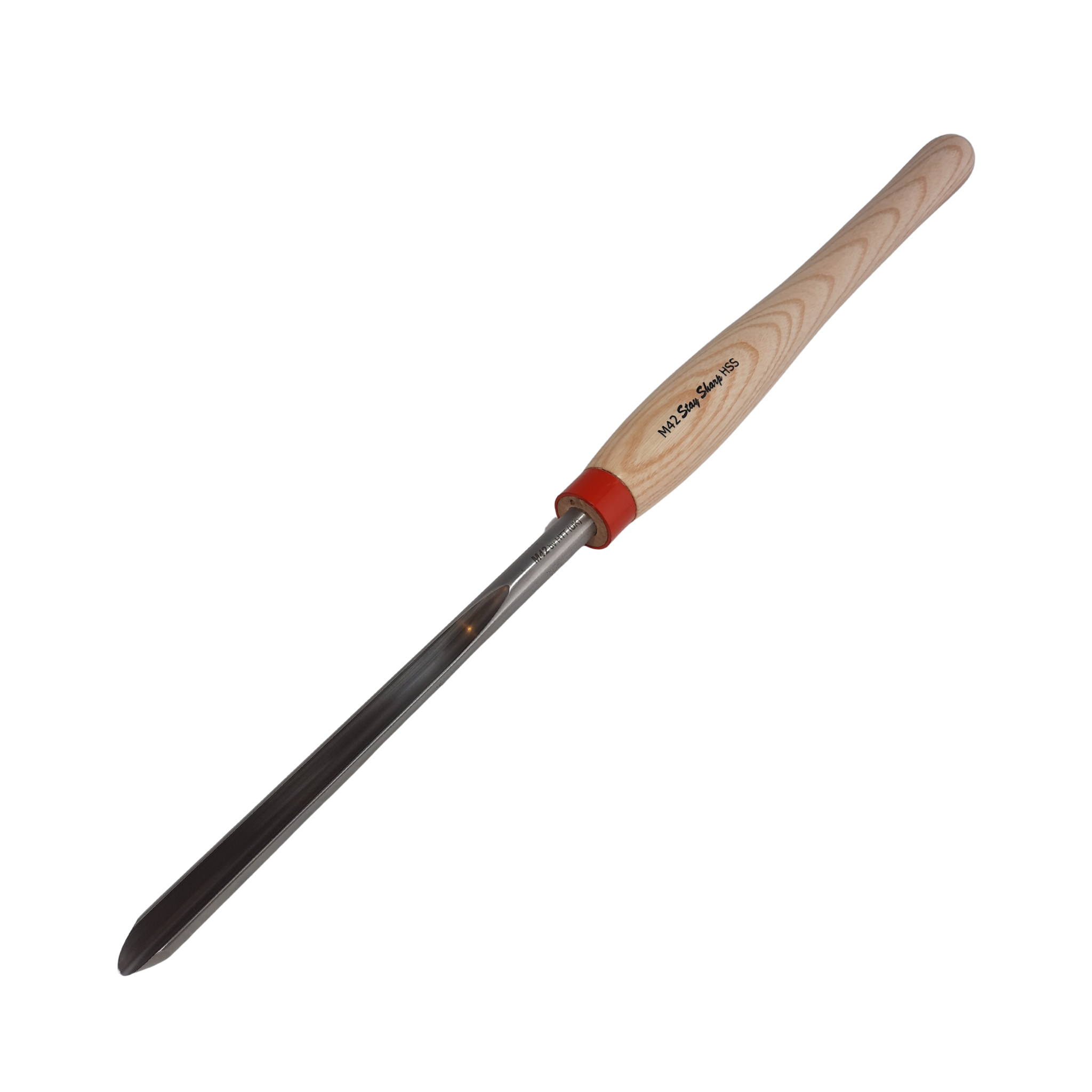 high speed steel woodturning masterflute gouge with light wooden handle on a white background