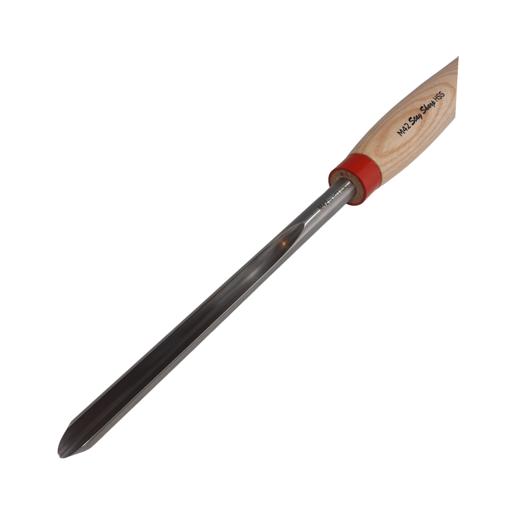 close up of high speed steel woodturning masterflute gouge with light wooden handle on a white background