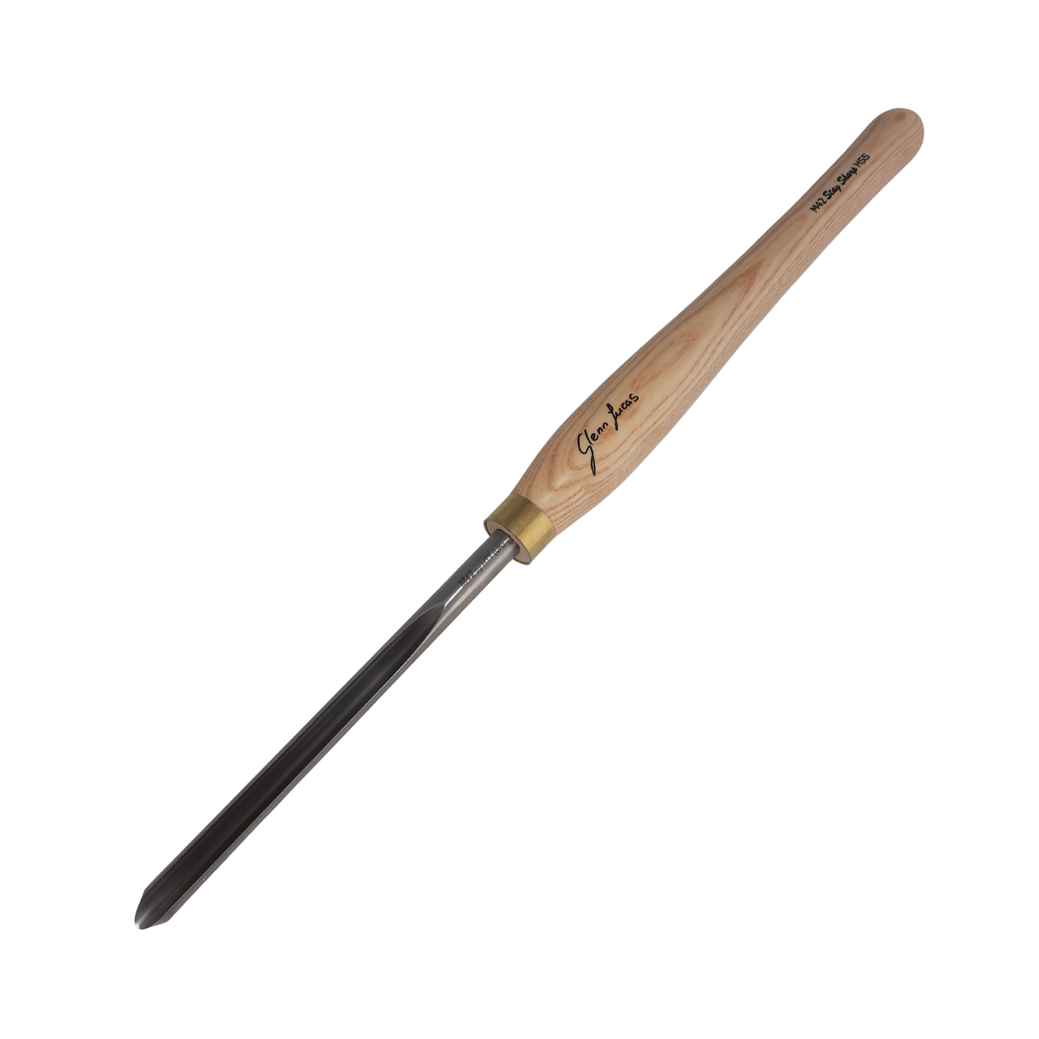 high speed steel woodturning gouge with light wooden handle on a white background