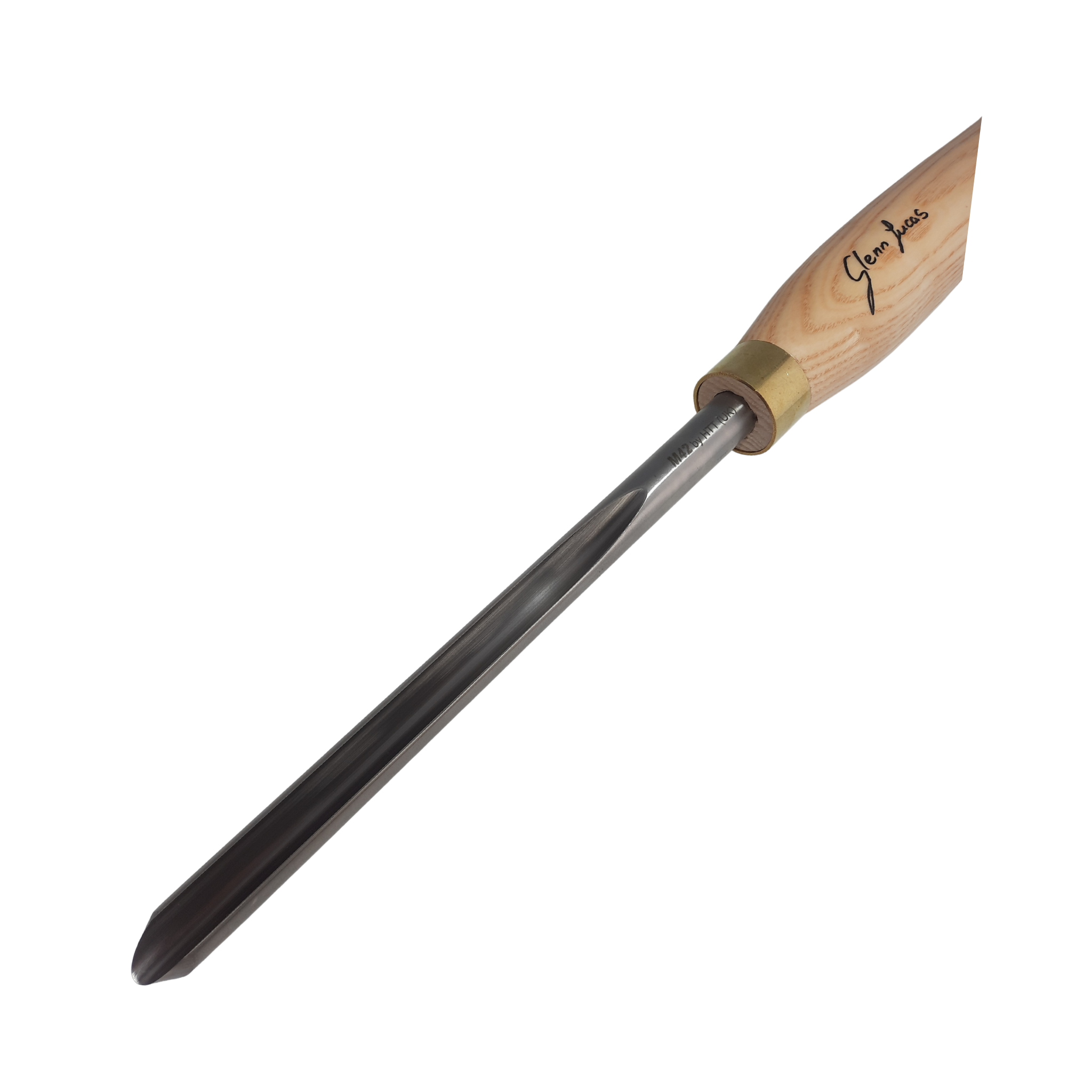 close up of high speed steel woodturning bowl gouge with light wooden handle on a white background