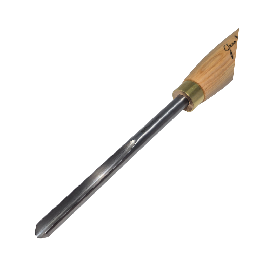 close up of high speed steel woodturning gouge with light wooden handle on a white background
