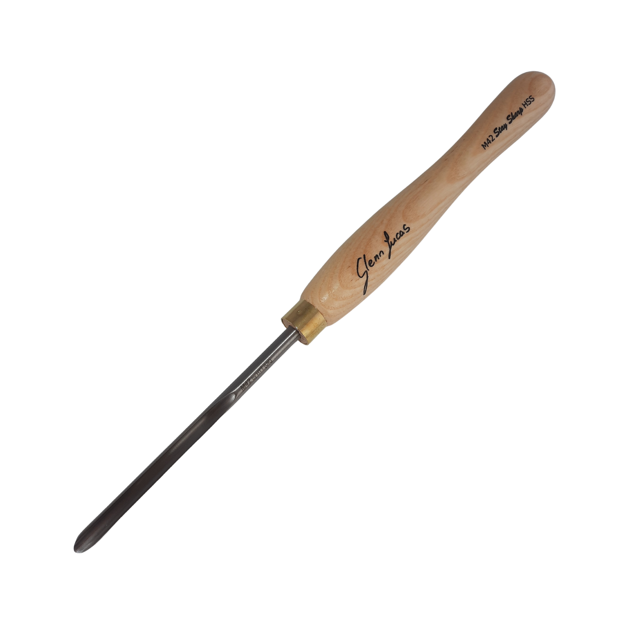 high speed steel woodturning spindle gouge with light wooden handle on a white background