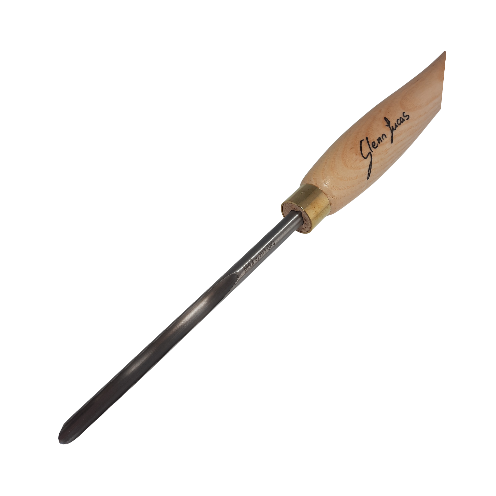 close up of high speed steel woodturning spindle gouge with light wooden handle on a white background