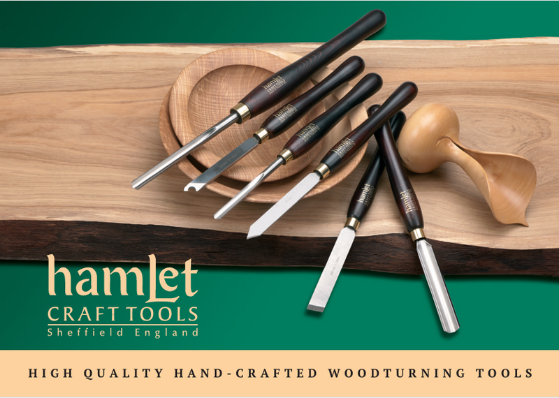 Brochure cover showing woodturning tools on a wooden surface with 'Hamlet Craft Tools' branding.