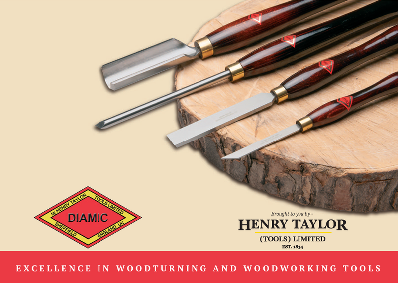 Brochure cover showing woodturning tools on a wooden block with Diamic and Henry Taylor branding.